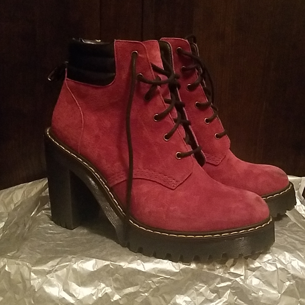 Dr. Martens Red Suede Lace-Up Platform Ankle Boots